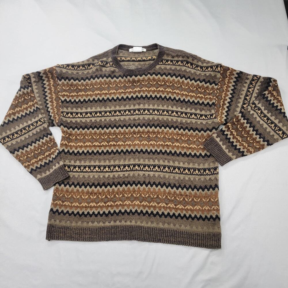 Knightsbridge Men’s Large Knit Sweater Brown Geometric 90s Coogi Style Pullover